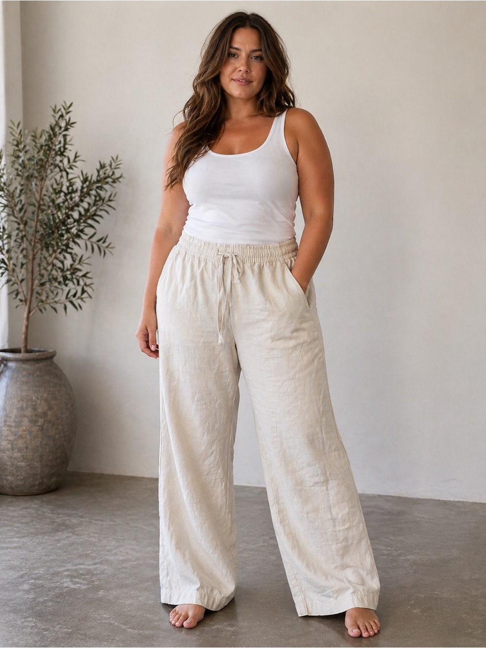 Old Navy Khaki Linen Blend Pants Size Large Elastic Waist Wide Leg Lightweight